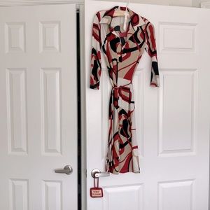 Vintage Juno Abstract Print Shirt Dress Red Black Tan Tie Waist Midi S/M